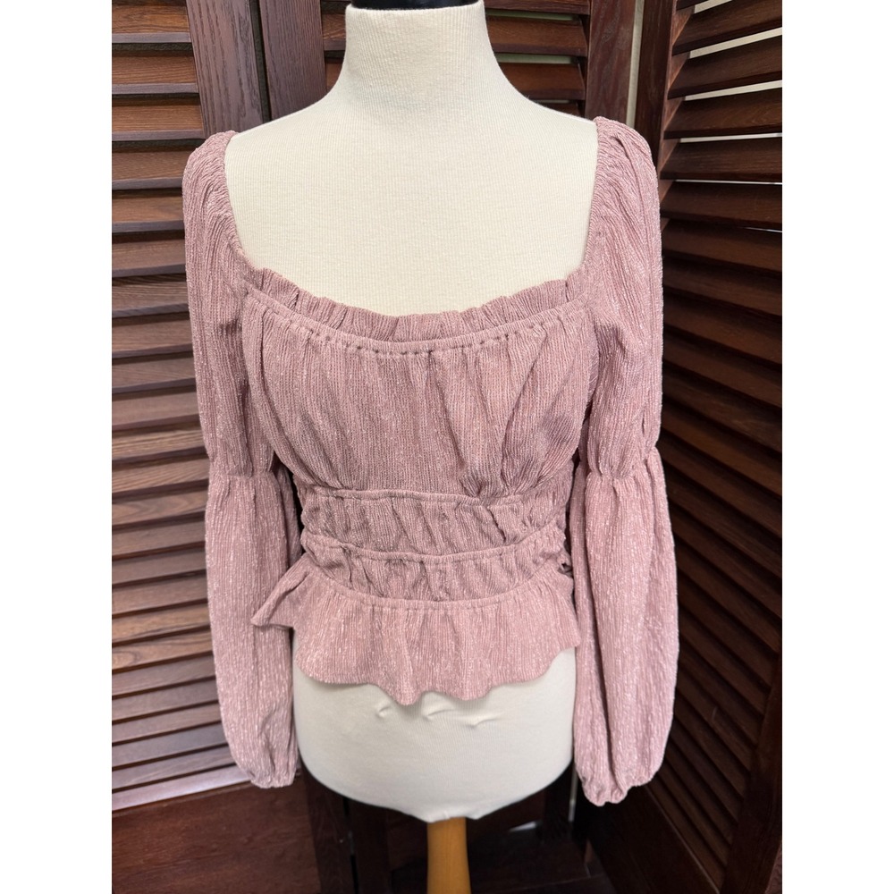 ASTR THE LABEL Womens Smocked Square Neck Peplum Top Rose Gold Puff Sleeve M